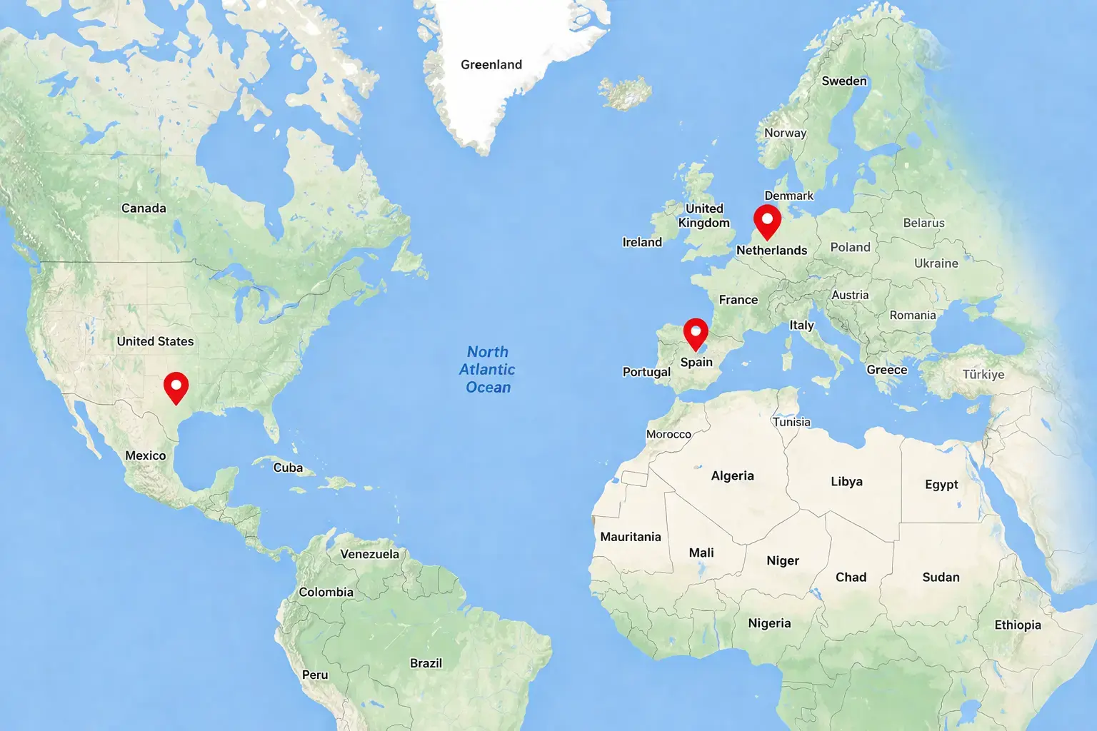 Map showing office locations in Spain, Netherlands, and USA